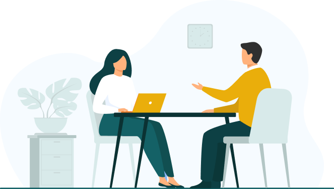 Illustration of a business team analyzing data and discussing okr strategy