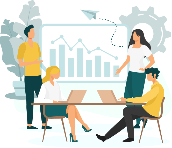 Illustration of a business team analyzing okr and discussing strategy, with one person presenting a chart on a screen while others work on laptops in a collaborative office environment.