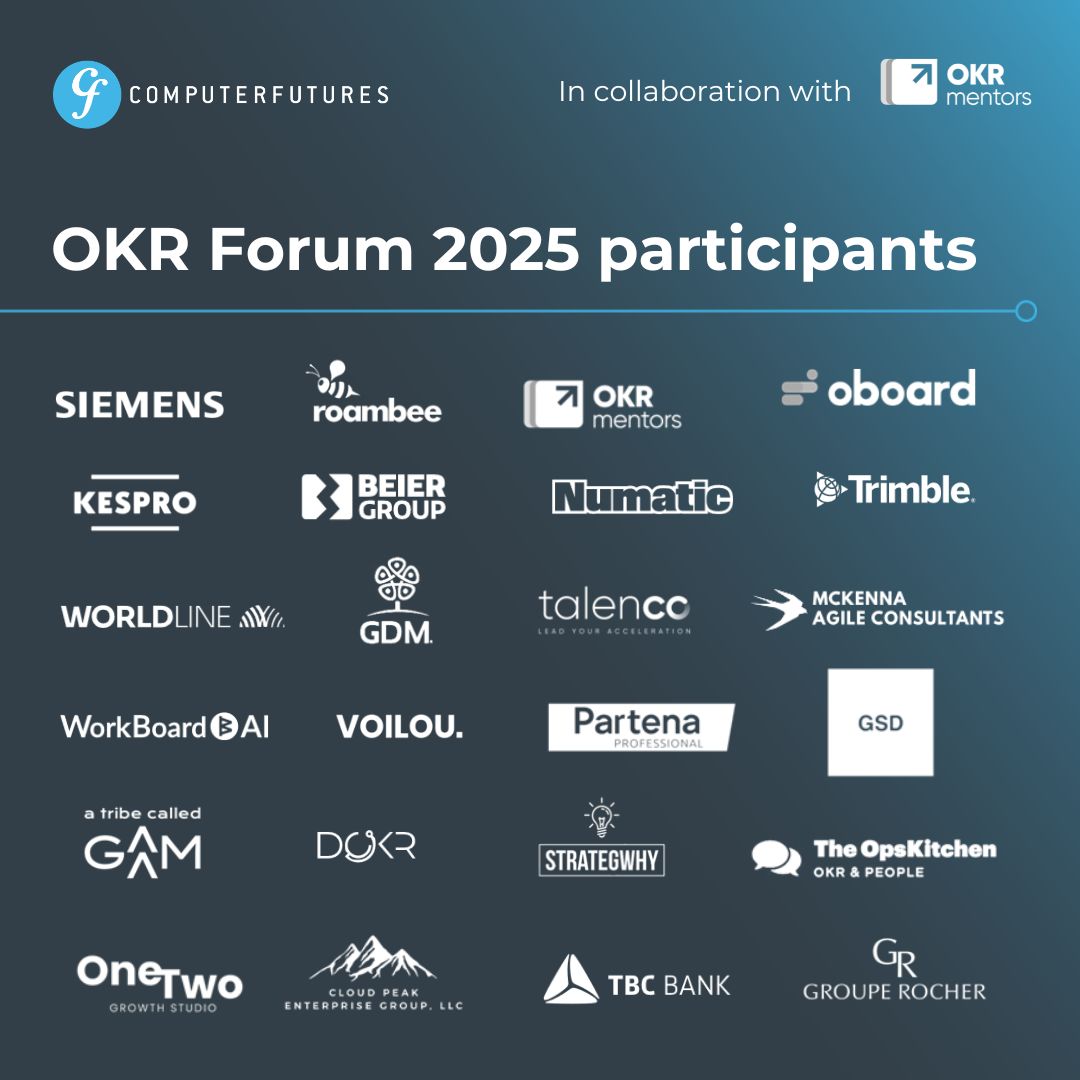 OKR Forum 2025 participants list featuring logos of companies such as Siemens, Roambee, OKR Mentors, WorkBoard, Numatic, Trimble, and others, showcasing the wide range of contributors collaborating on OKR and business strategy initiatives.