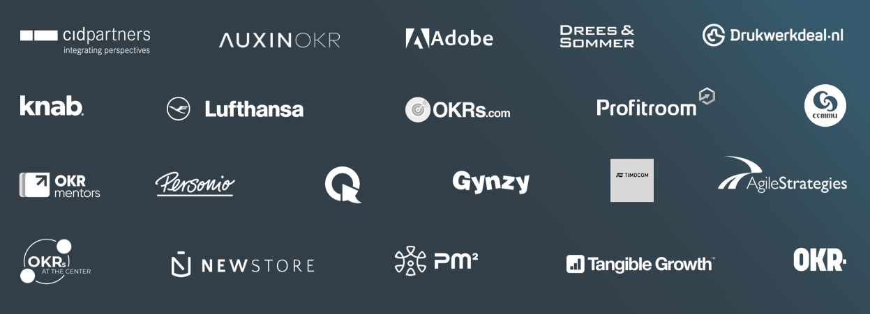 Collection of logos from companies and organizations such as Adobe, Lufthansa, OKR Mentors, Timocom, and others, representing various partners and contributors in the OKR and business strategy ecosystem. OKR Forum 2023