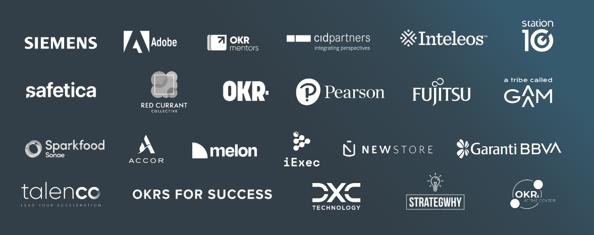 Collage of logos from top organizations and companies such as Siemens, Adobe, OKR Mentors, Pearson, Fujitsu, and more, representing a diverse group of partners and collaborators in the OKR and business strategy ecosystem.