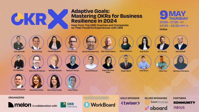 OKRX Summit 2024 promotional image titled ‘Adaptive Goals: Mastering OKRs for Business Resilience in 2024,’ featuring a lineup of top OKR coaches and experts, event details, and sponsor logos for Melon, OKR Mentors, WorkBoard, and more