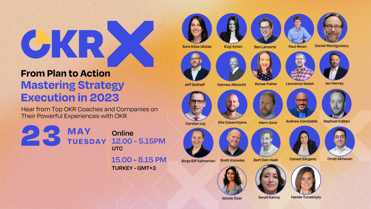 OKRX Summit promotional image with the title ‘From Plan to Action: Mastering Strategy Execution in 2023,’ featuring a lineup of speakers including top OKR coaches and experts, along with event details such as the date, time, and online format.