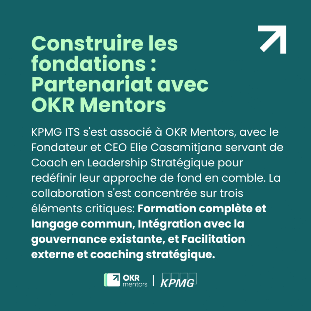 « Visuel intitulé “Construire les fondations : Partenariat avec OKR Mentors” décrivant la collaboration de KPMG ITS et OKR Mentors autour de trois volets clés, avec logos OKR Mentors et KPMG »